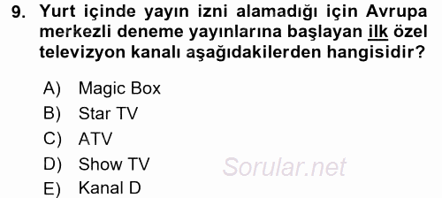 Türk Basın Tarihi 2017 - 2018 Dönem Sonu Sınavı 9.Soru