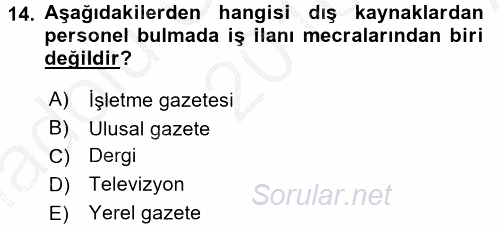 İnsan Kaynakları Yönetimi 2016 - 2017 Ara Sınavı 14.Soru