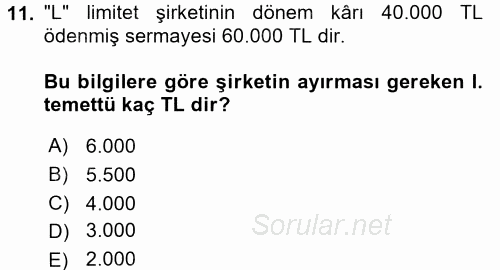 Muhasebe Uygulamaları 2017 - 2018 Dönem Sonu Sınavı 11.Soru