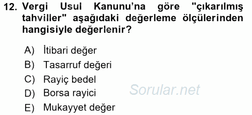 Muhasebe Uygulamaları 2017 - 2018 Dönem Sonu Sınavı 12.Soru