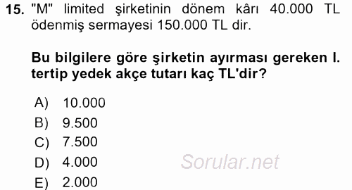 Muhasebe Uygulamaları 2017 - 2018 Dönem Sonu Sınavı 15.Soru