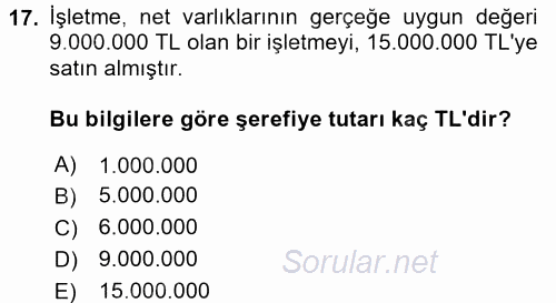 Muhasebe Uygulamaları 2017 - 2018 Dönem Sonu Sınavı 17.Soru