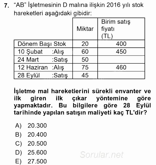 Muhasebe Uygulamaları 2017 - 2018 Dönem Sonu Sınavı 7.Soru
