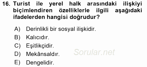Turizm Sosyolojisi 2017 - 2018 Ara Sınavı 16.Soru