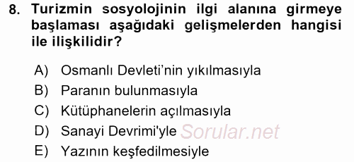 Turizm Sosyolojisi 2017 - 2018 Ara Sınavı 8.Soru