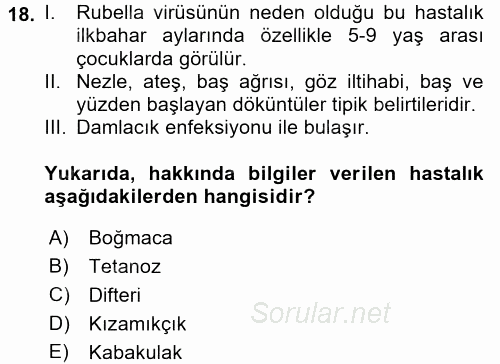 Aile Sağlığı 2017 - 2018 3 Ders Sınavı 18.Soru