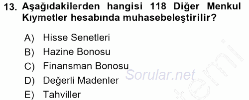 Genel Muhasebe 1 2015 - 2016 Dönem Sonu Sınavı 13.Soru