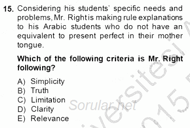 Dilbilgisi Öğretimi 2014 - 2015 Ara Sınavı 15.Soru
