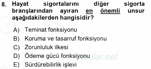 Hayat Sigortaları Ve Bireysel Emeklilik Sistemi 2015 - 2016 Ara Sınavı 8.Soru