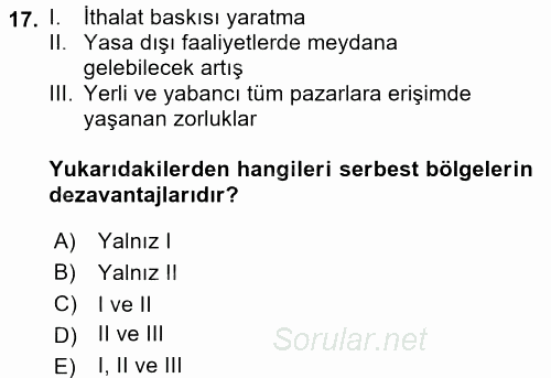 İthalat ve İhracat İşlemleri 2016 - 2017 Ara Sınavı 17.Soru