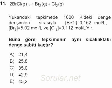 Genel Kimya 2 2015 - 2016 Dönem Sonu Sınavı 11.Soru