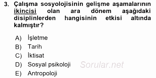 Çalışma Sosyolojisi 2017 - 2018 Dönem Sonu Sınavı 3.Soru