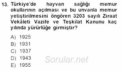 Veteriner Hizmetleri Mevzuatı ve Etik 2014 - 2015 Ara Sınavı 13.Soru