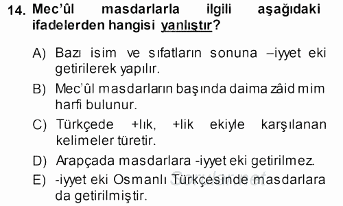 Osmanlı Türkçesi Grameri 1 2013 - 2014 Ara Sınavı 14.Soru