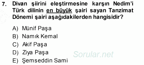 XVIII. Yüzyıl Türk Edebiyatı 2014 - 2015 Ara Sınavı 7.Soru
