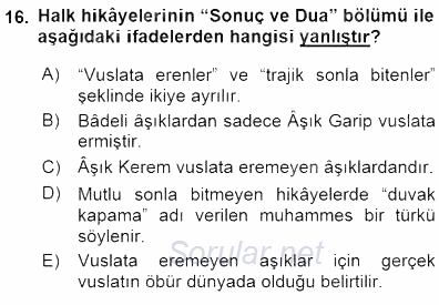 Halk Edebiyatına Giriş 1 2015 - 2016 Dönem Sonu Sınavı 16.Soru