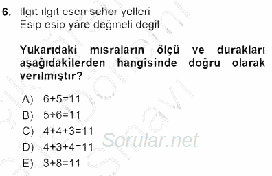 Halk Edebiyatına Giriş 1 2015 - 2016 Dönem Sonu Sınavı 6.Soru