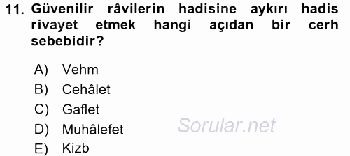 Hadis Tarihi ve Usulü 2017 - 2018 3 Ders Sınavı 11.Soru