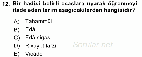 Hadis Tarihi ve Usulü 2017 - 2018 3 Ders Sınavı 12.Soru
