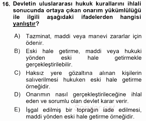 Uluslararası Hukuk 2 2016 - 2017 Dönem Sonu Sınavı 16.Soru