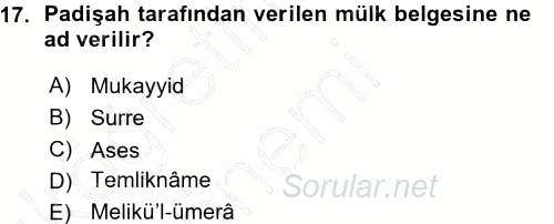 Osmanlı Merkez ve Taşra Teşkilatı 2015 - 2016 Ara Sınavı 17.Soru