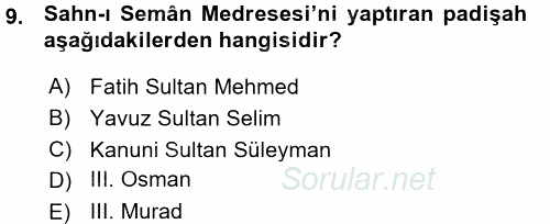 Osmanlı Merkez ve Taşra Teşkilatı 2015 - 2016 Ara Sınavı 9.Soru