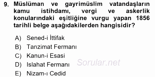 Türk Siyasal Hayatı 2015 - 2016 Tek Ders Sınavı 9.Soru