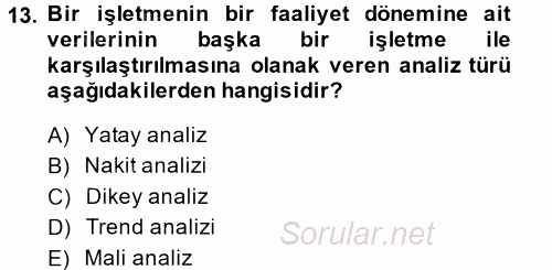 Muhasebe Denetimi ve Mali Analiz 2014 - 2015 Tek Ders Sınavı 13.Soru