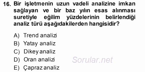 Muhasebe Denetimi ve Mali Analiz 2014 - 2015 Tek Ders Sınavı 16.Soru