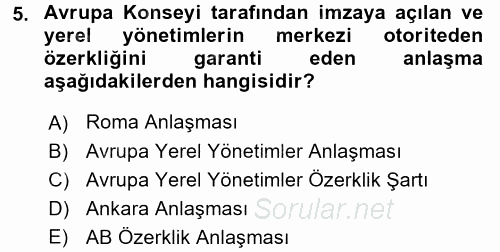 Yerel Yönetimler 2015 - 2016 Dönem Sonu Sınavı 5.Soru