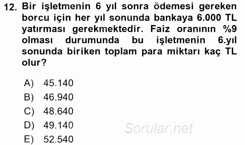 Finansal Yönetim 1 2017 - 2018 Ara Sınavı 12.Soru