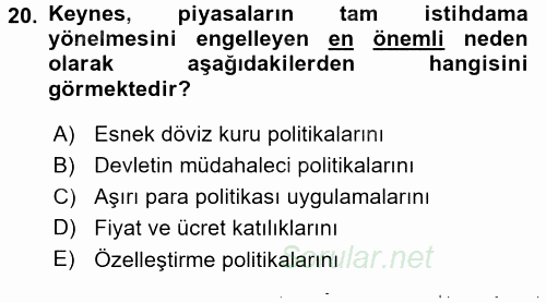 İktisadi Düşünceler Tarihi 2015 - 2016 Dönem Sonu Sınavı 20.Soru