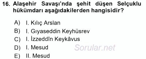 Türkiye Selçuklu Tarihi 2016 - 2017 Ara Sınavı 16.Soru