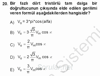 Elektrik Makinaları 2014 - 2015 Dönem Sonu Sınavı 20.Soru