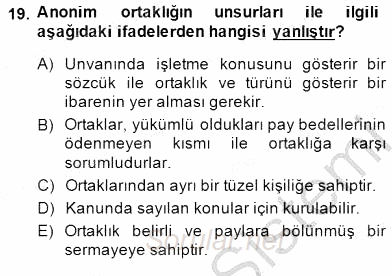 İşletme Hukuku 2014 - 2015 Ara Sınavı 19.Soru