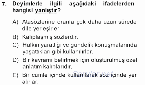 Halk Edebiyatına Giriş 1 2013 - 2014 Dönem Sonu Sınavı 7.Soru