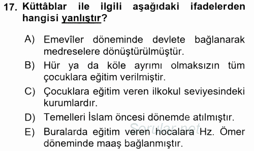 İslam Tarihi ve Medeniyeti 2 2016 - 2017 Dönem Sonu Sınavı 17.Soru