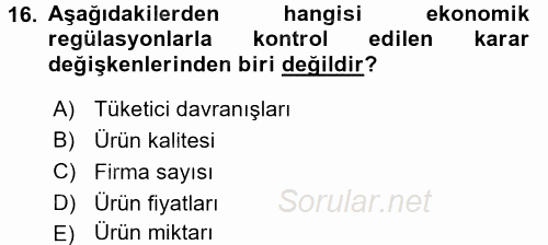 Sanayi Ekonomisi 2016 - 2017 Dönem Sonu Sınavı 16.Soru