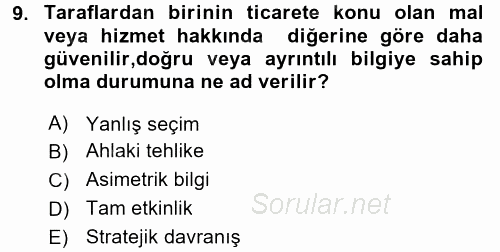 Sanayi Ekonomisi 2016 - 2017 Dönem Sonu Sınavı 9.Soru