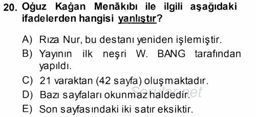 XI-XIII. Yüzyıllar Türk Dili 2014 - 2015 Tek Ders Sınavı 20.Soru