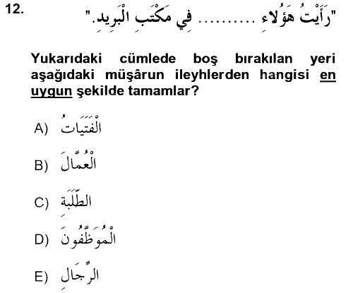 Arapça 2 2015 - 2016 Dönem Sonu Sınavı 12.Soru