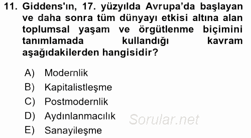 Sosyolojide Yakın Dönem Gelişmeler 2017 - 2018 Ara Sınavı 11.Soru