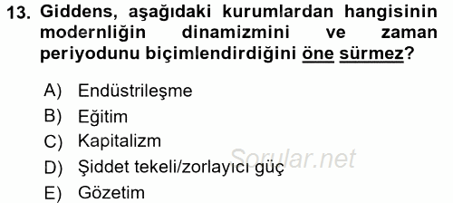 Sosyolojide Yakın Dönem Gelişmeler 2017 - 2018 Ara Sınavı 13.Soru