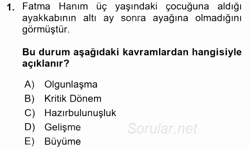 Çocuk Gelişimi 2016 - 2017 Dönem Sonu Sınavı 1.Soru