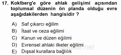 Çocuk Gelişimi 2016 - 2017 Dönem Sonu Sınavı 17.Soru