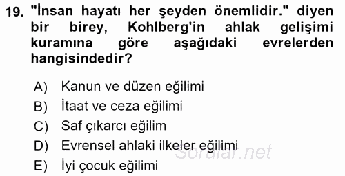 Çocuk Gelişimi 2016 - 2017 Dönem Sonu Sınavı 19.Soru