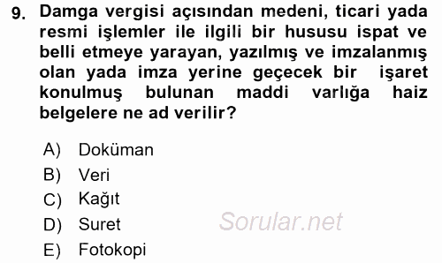 Özel Vergi Hukuku 2 2017 - 2018 3 Ders Sınavı 9.Soru