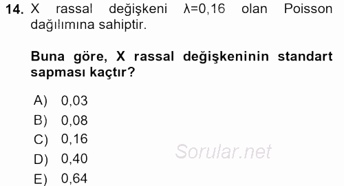 İstatistik 1 2016 - 2017 Dönem Sonu Sınavı 14.Soru