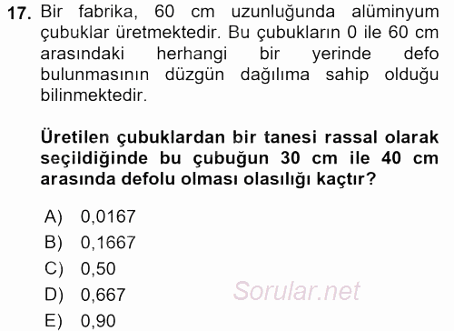 İstatistik 1 2016 - 2017 Dönem Sonu Sınavı 17.Soru