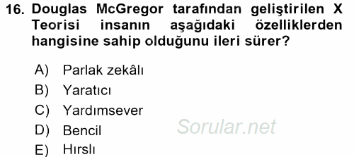 Yönetim Bilimi 1 2016 - 2017 Dönem Sonu Sınavı 16.Soru